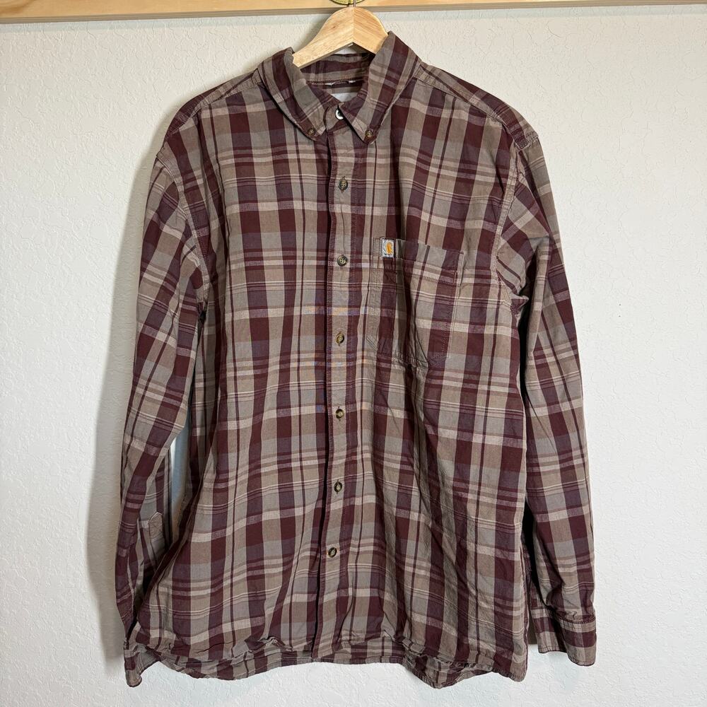 Men's Carhartt Maroon and Tan Plaid Long Sleeve Button Down Shirt Size‎ Large